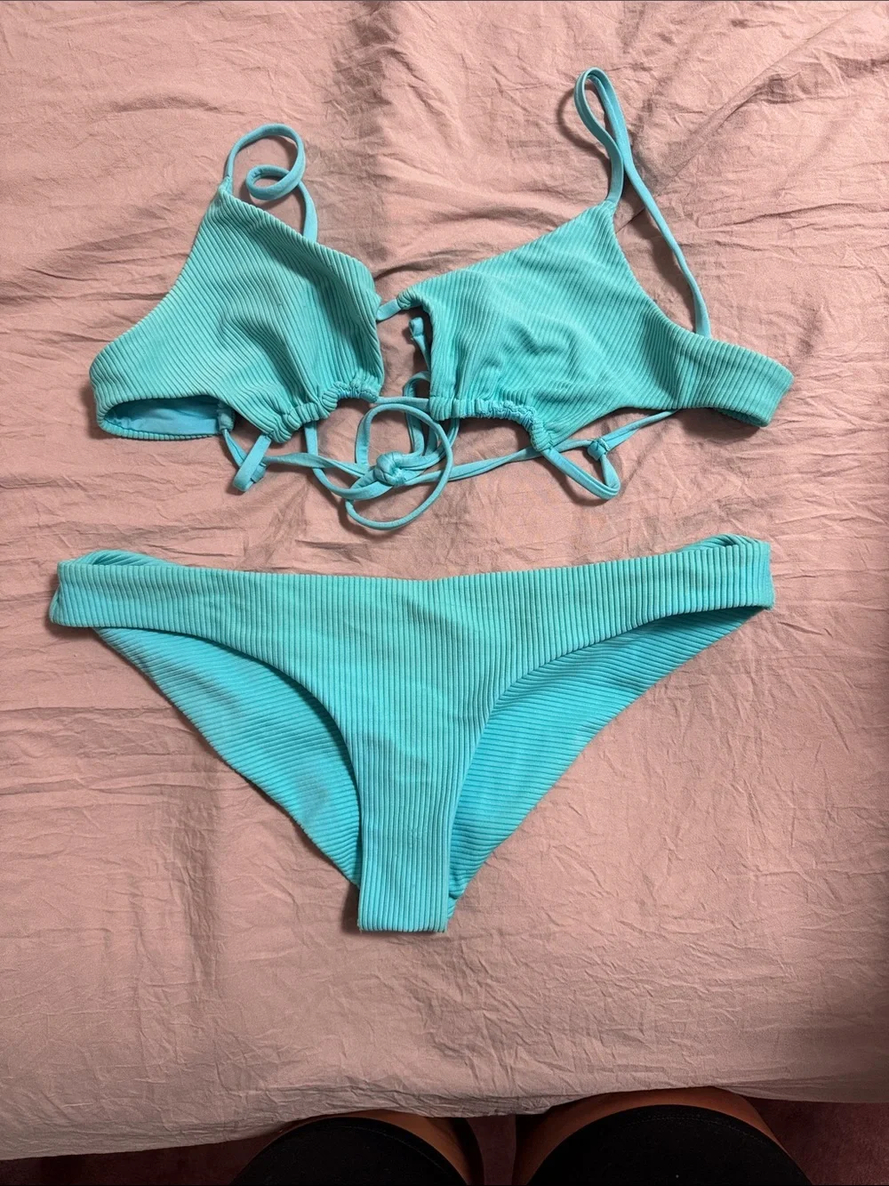 Frankie’s Ribbed Aqua Triangle Bikini Set - Women's Swim